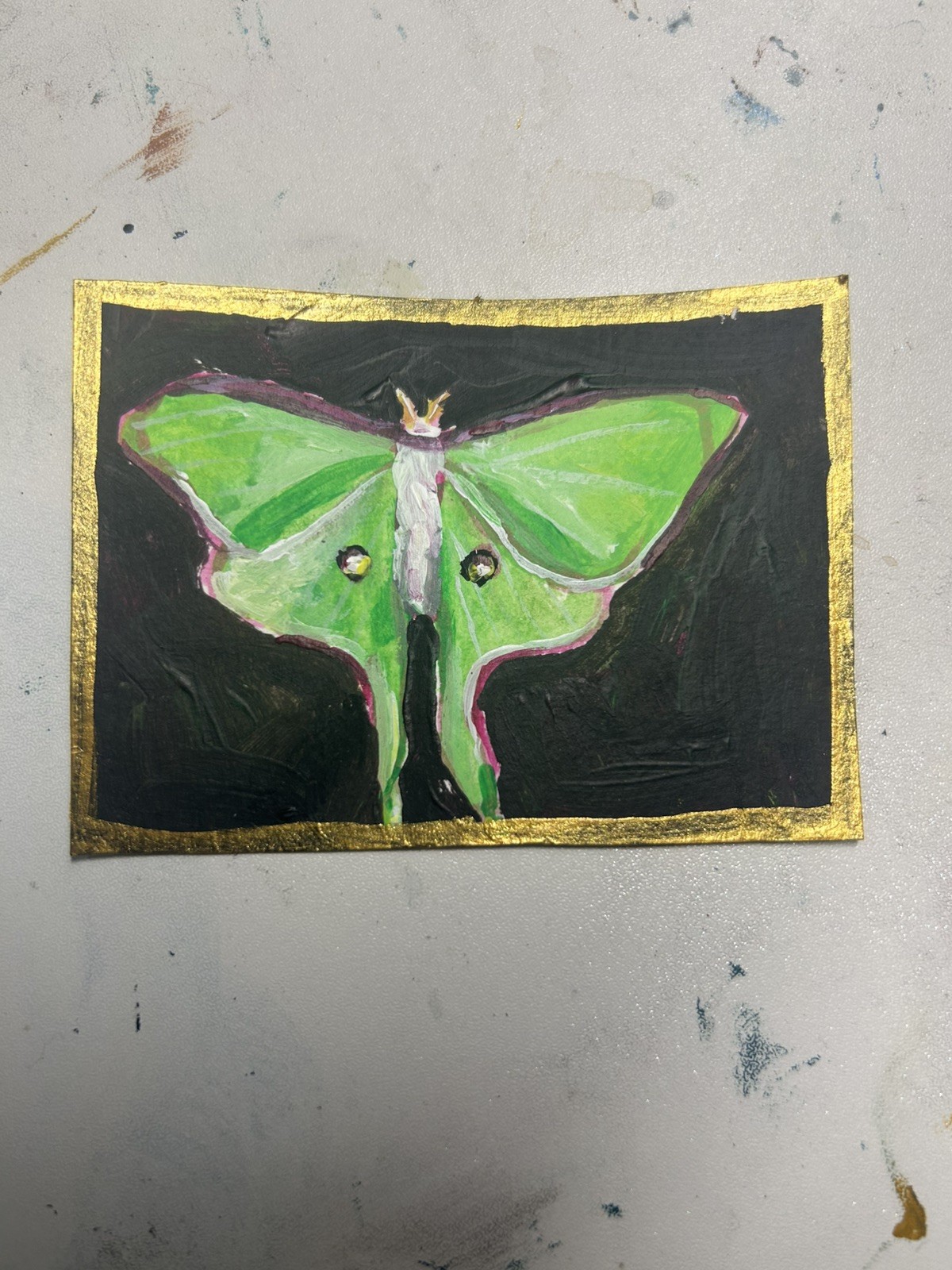 Original ACEO Acrylic “Neon Green Moth” 2.5x3.5in Art by Rachel