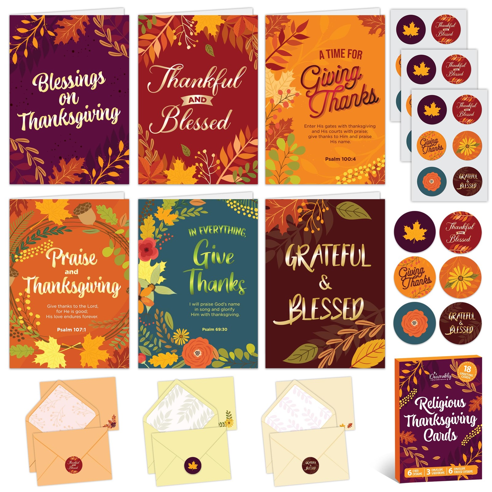 Decorably 18 Pack Foiled 5x7in Thanksgiving Cards Religious 5x7in, multicolor 