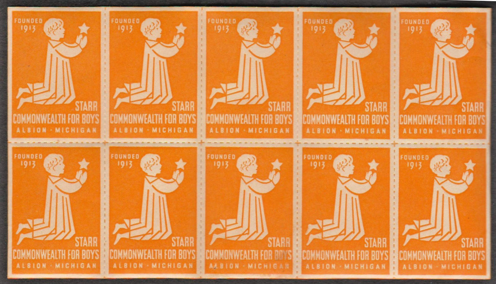 Starr Commonwealth For Boys Founded in 1913, 2x5 Pane of Christmas Seals
