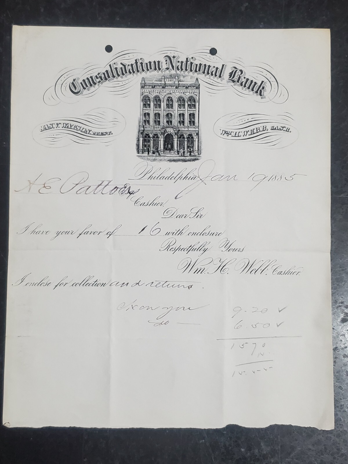 1885, Consolidation National Bank, Philadelphia PA, To: A.E. Patton Curwensville