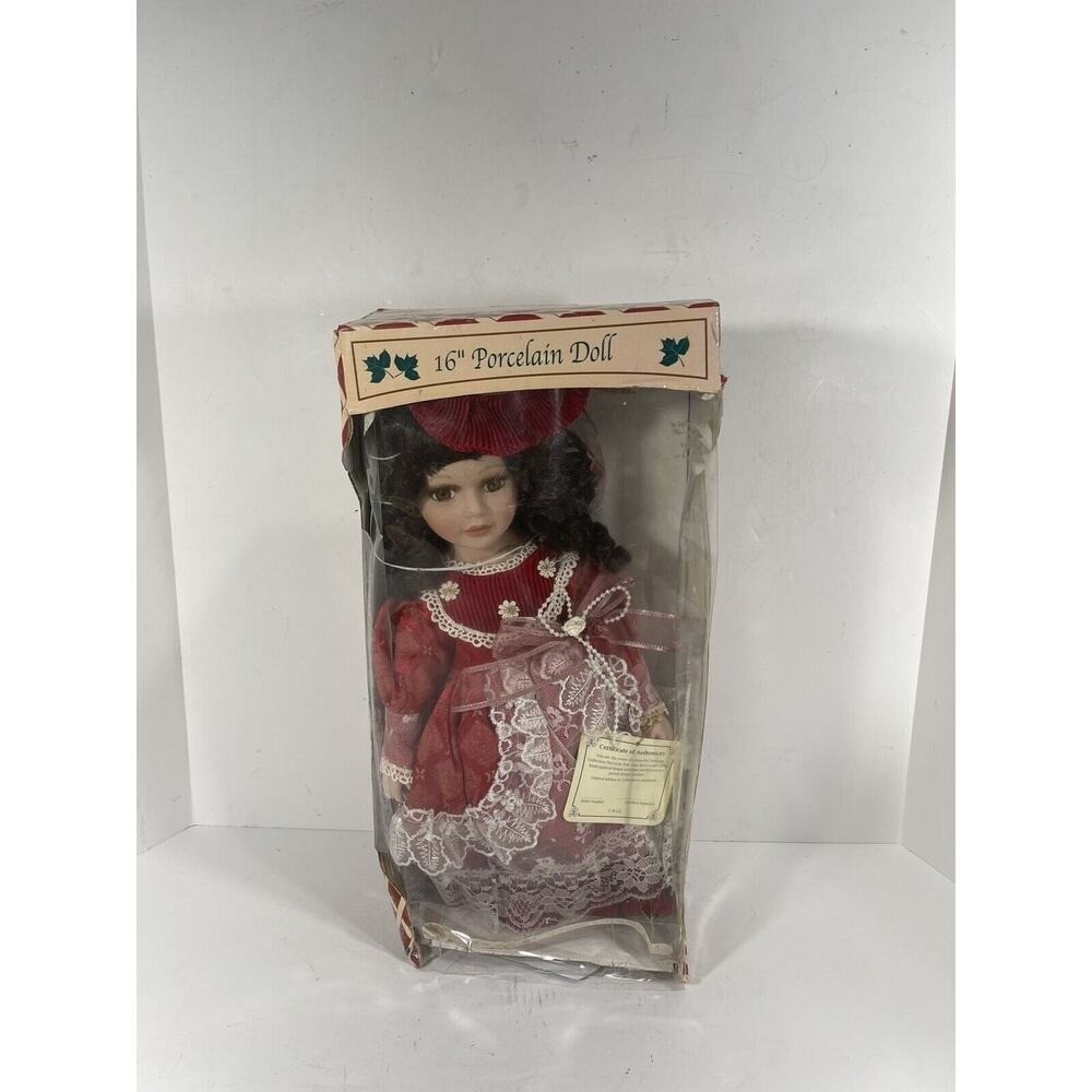 The Heirloom Collection 16" Porcelain Doll Authenticity Cert Red Dress Feather