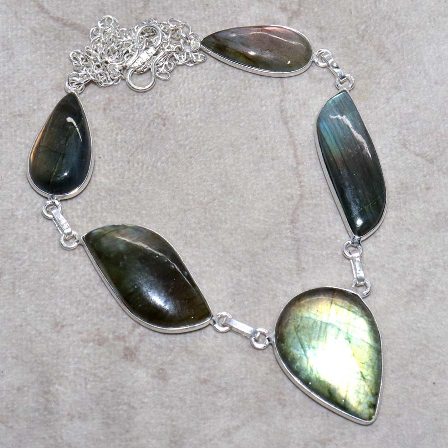 925 Silver Plated Classy Fiery Labradorite Necklace 18" New Collection GW