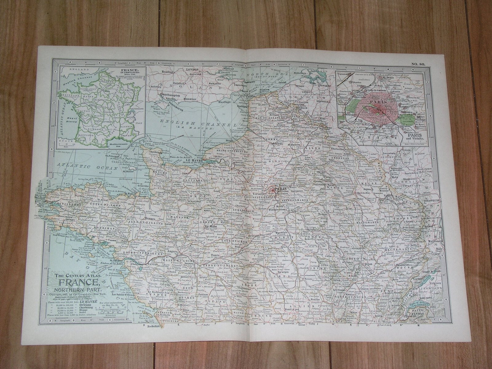 1897 ORIGINAL ANTIQUE MAP OF NORTHERN FRANCE BRITTANY NORMANDY / PARIS INSET MAP