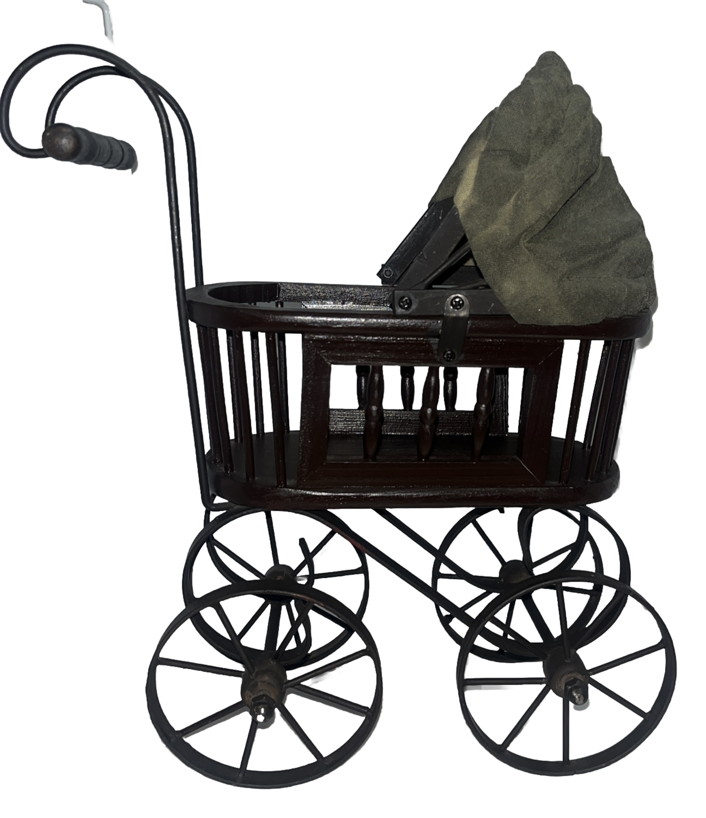 Antique Pram Baby Doll Carriage Wood Moleskine And Metal Sturdy Beautiful Toy