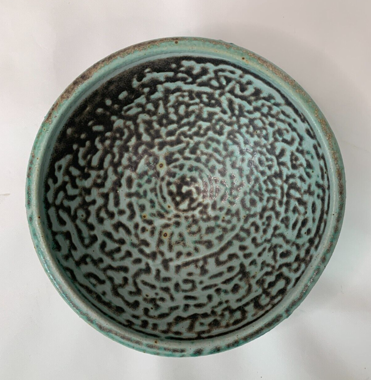 Ceramic Pottery Bowl Textured 5 inch Dia Mid Century Green Brown VTG Signed MMW