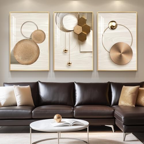 Large Framed Modern Luxury Gold Wall Art 24" W x 36" H x 3Pcs Gold Circle Trio