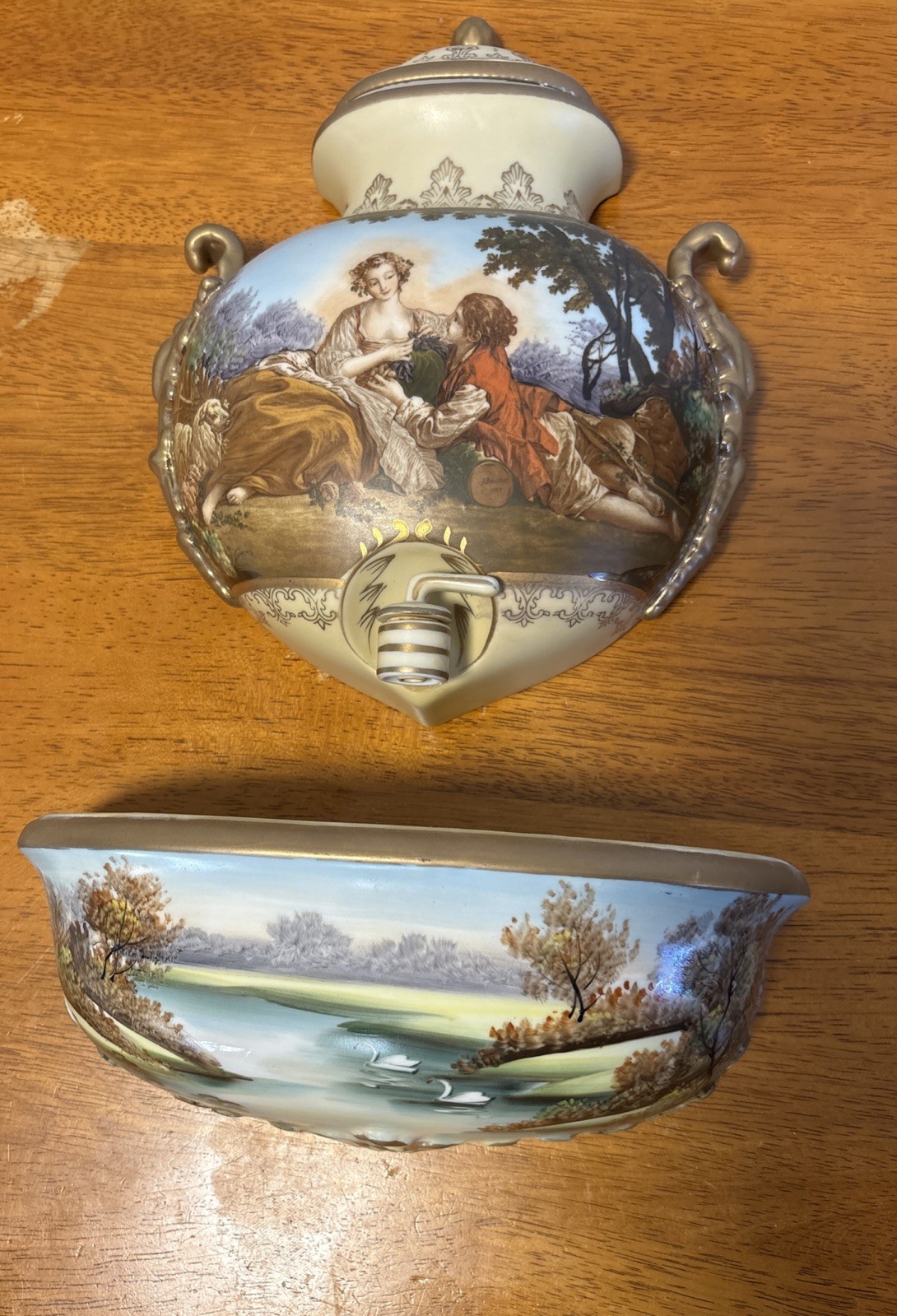 Vintage Lenwile Ardalt Wall Fountain  Rococco French| Fine China Swans