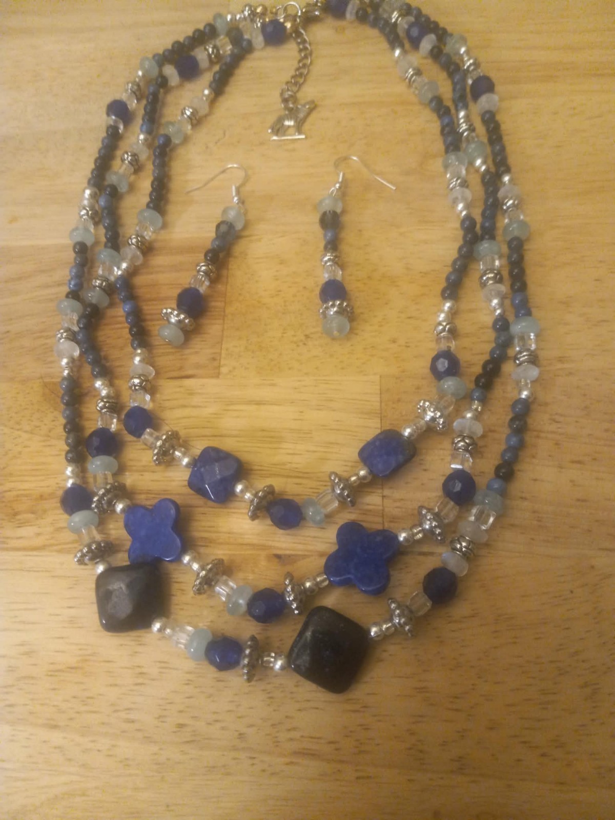 3 Strand Lapis Lazuli Sodalite Aquamarine and Pearl 16 18 and 22 Necklace Set