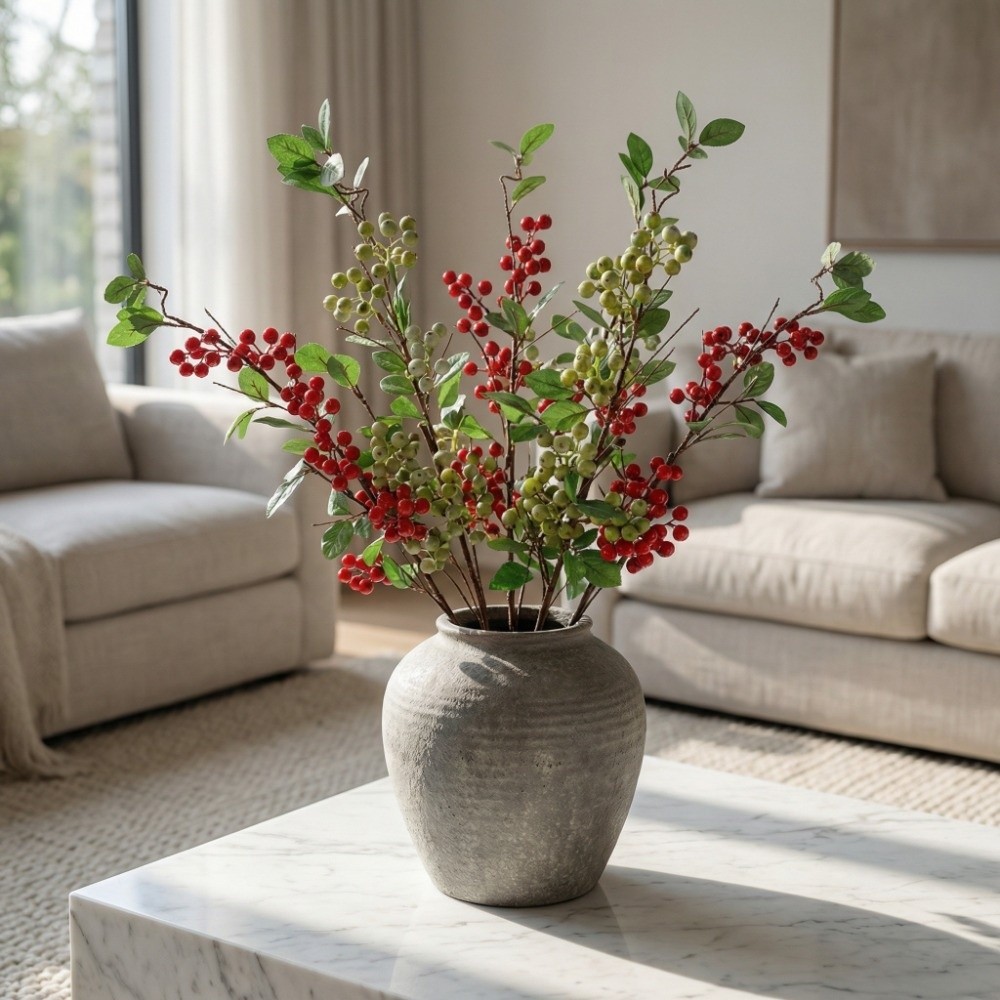 Green Leaves Artificial Foam Berries Branch Fake Plants  Home Garden Decor