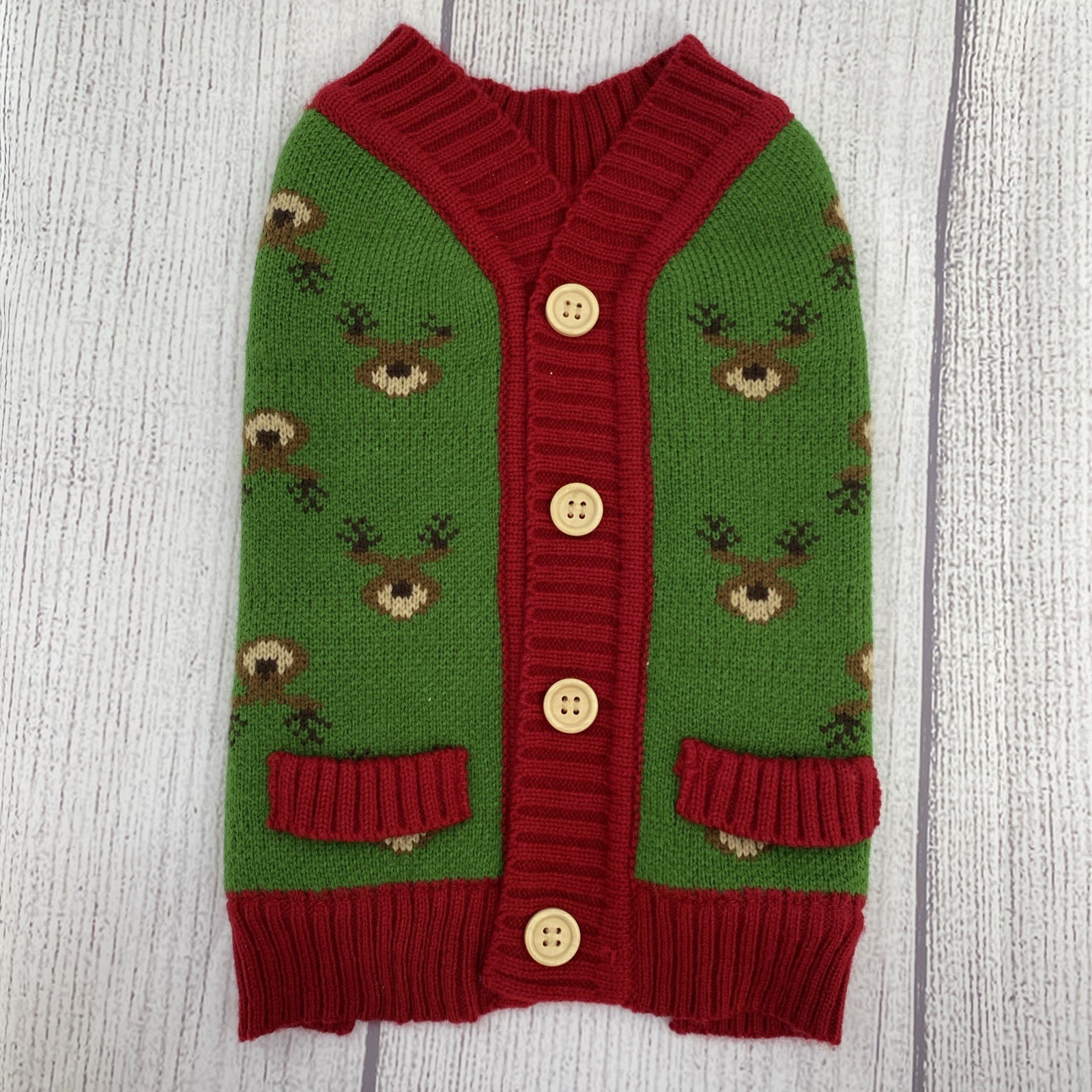 Christmas Dog Sweater MEDIUM Green Red Reindeer Grampa Cardigan Sherpa Lined