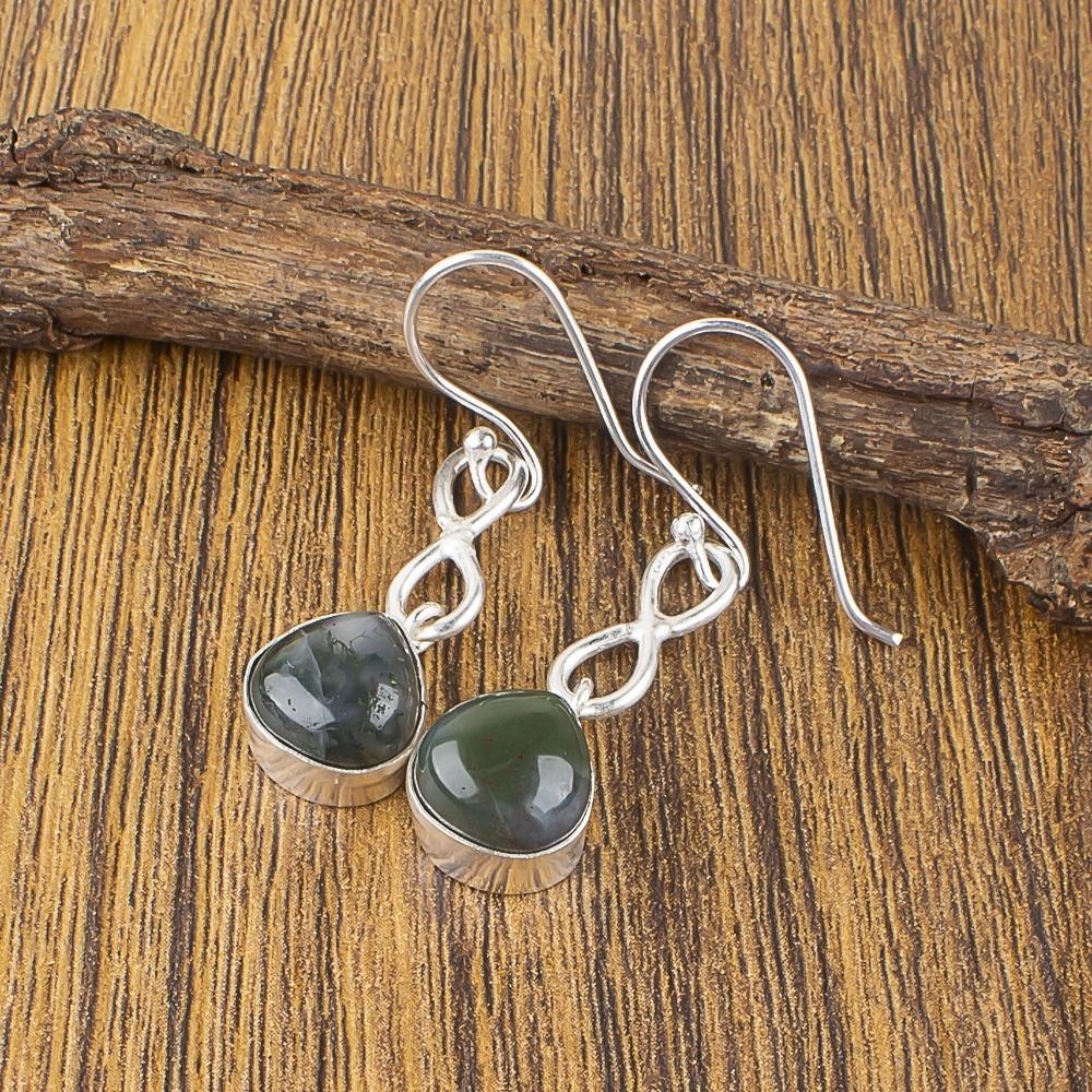 Sterling Silver Heart Moss Agate Minimalist Bezel Set Delicate Wedding Earrings