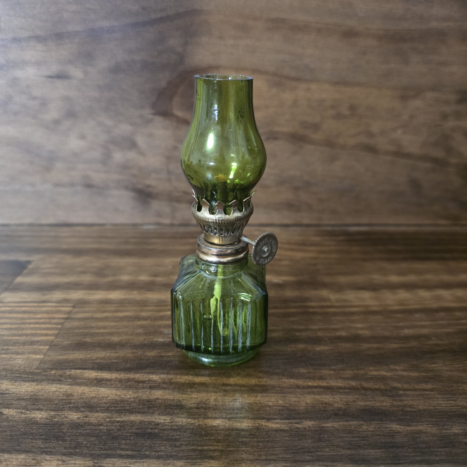 Vintage Miniature Green Glass Oil Lamp w/wick, Hong Kong.