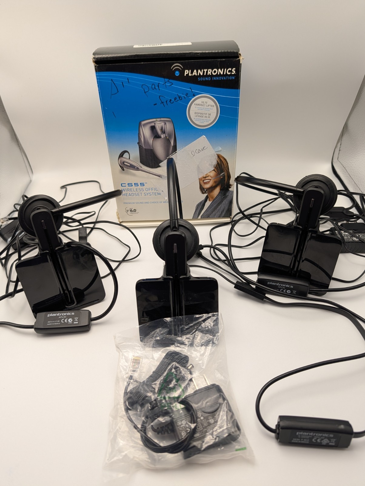 Lot of 4 Used Plantronics Headsets, 1 CS55, 3 CS540 and 3 APV-63 EHS Cords