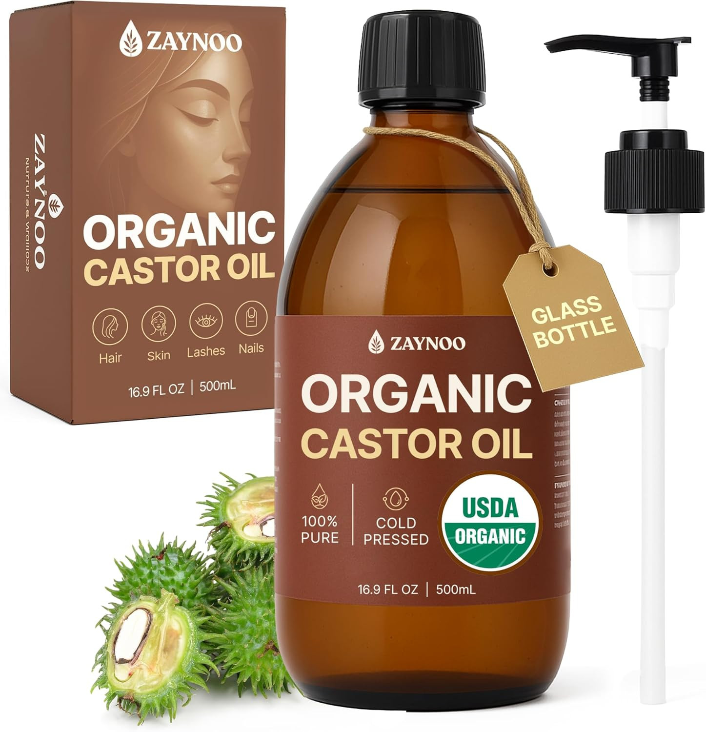 Organic Castor Oil 16.9 Fl Oz Cold Pressed, Hexane Free, USDA Certified, 100% Pu