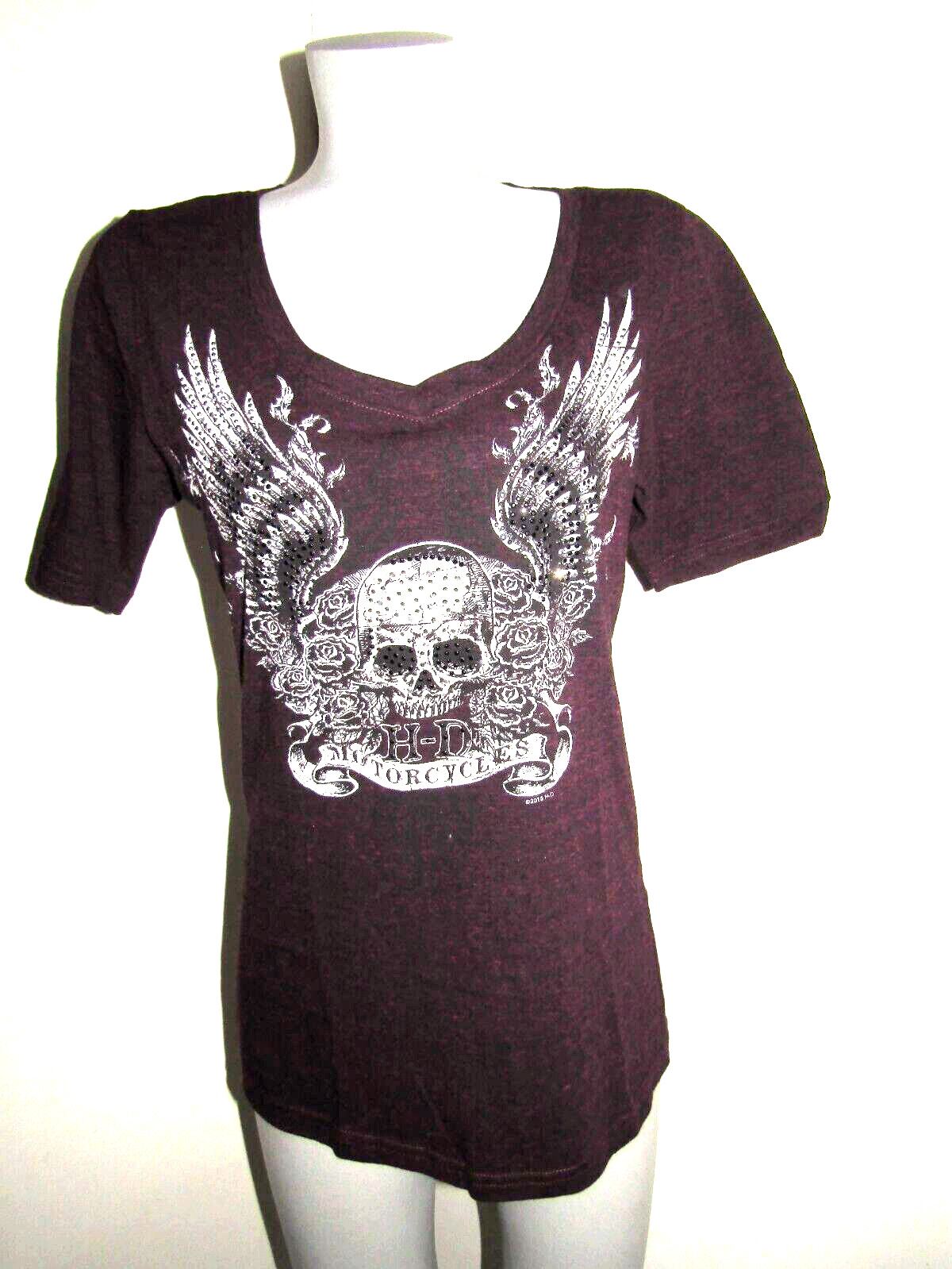 HARLEY-DAVIDSON Women's Large,  Black/Pink Heather Tee,  Wings/Skull/Studs  VGC