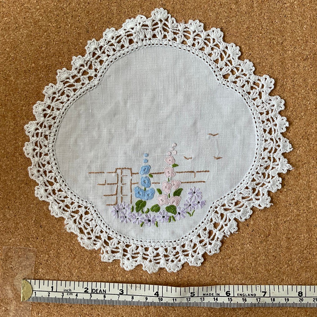 Vintage Handmade  Embroidered Doily cottage core - 19 cm diameter - HOLLYHOCKS