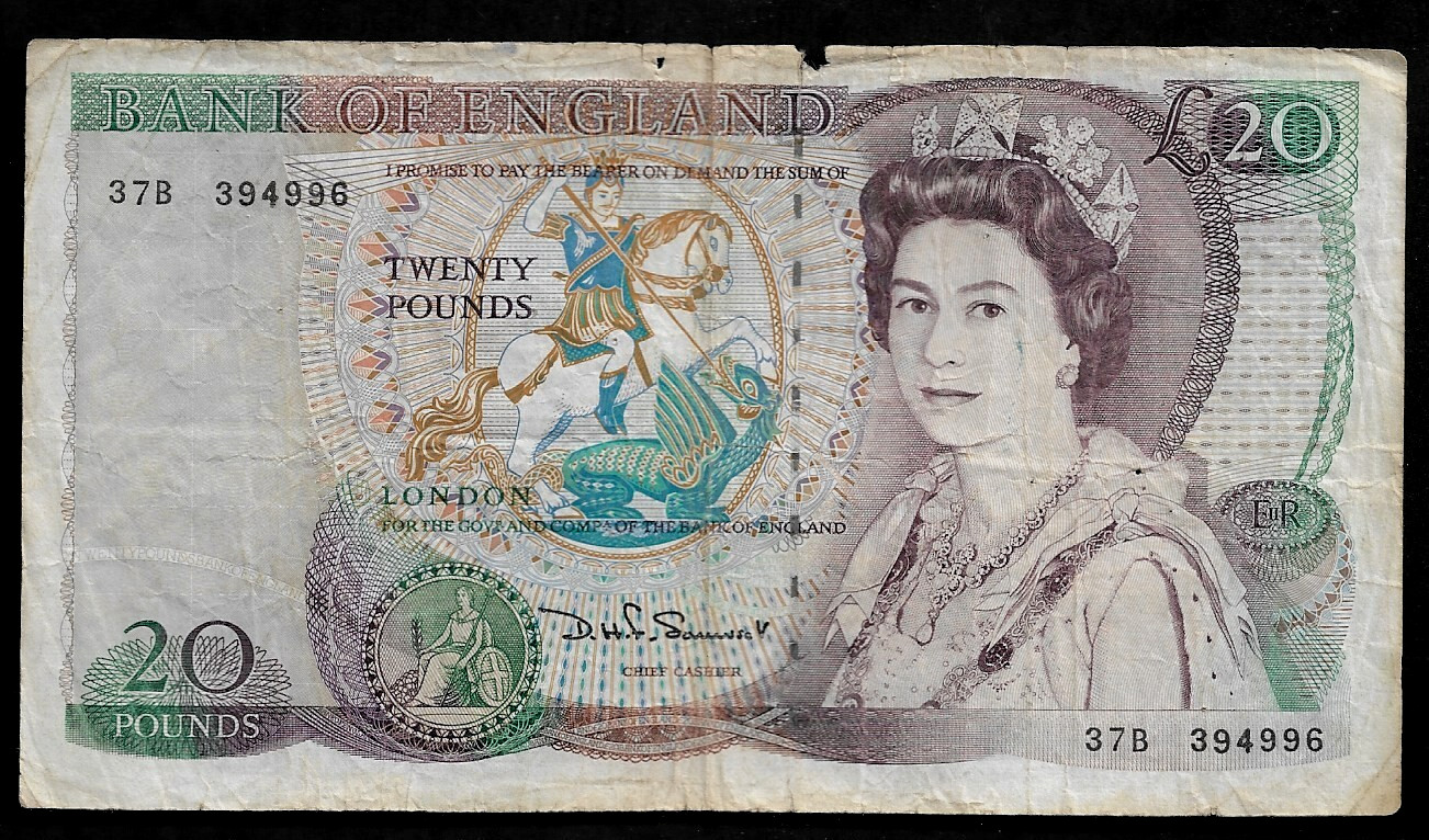 Great Britain 20 Pounds 1984-1988 P#380d D.H.F. Somerset Queen Elizabeth II