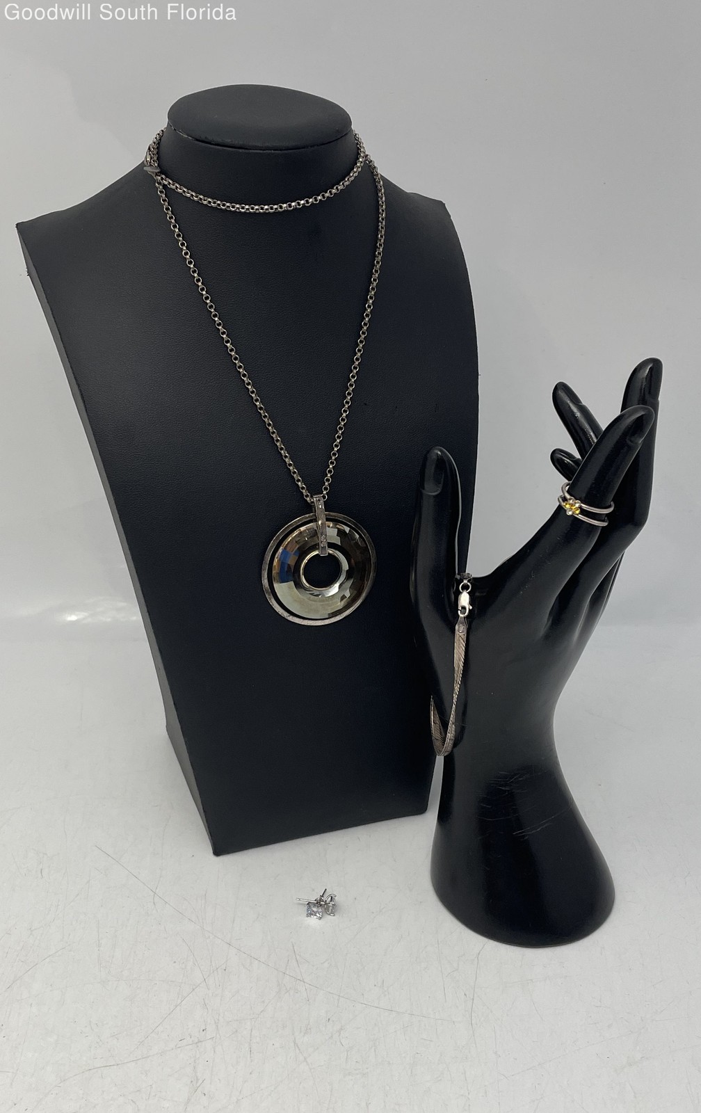 Silver Stamped/Unstamped Chain-Pendant-Bracelet-Earrings-Ring (4 Pcs) 32.9g