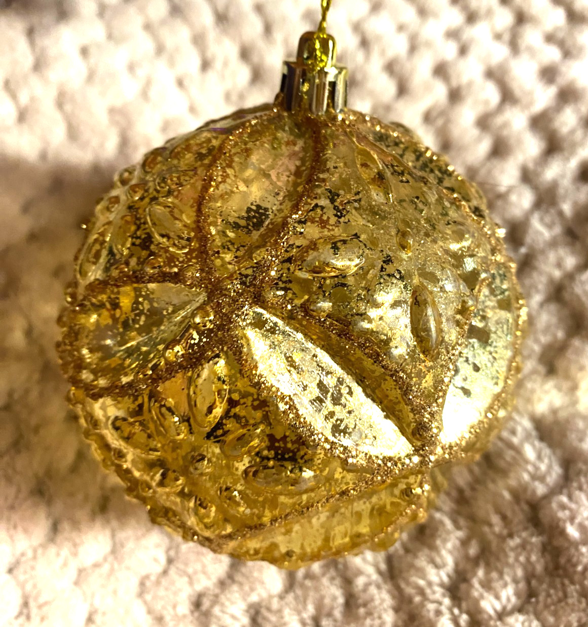 Gold Glitter Round Textured Indented Shatterproof Christmas Ornament 3 1/2"