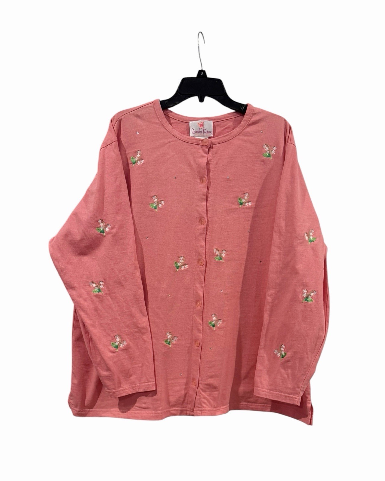 Quacker Factory Pink Floral Embroidered Button Shirt Women’s 2X  Rhinestones