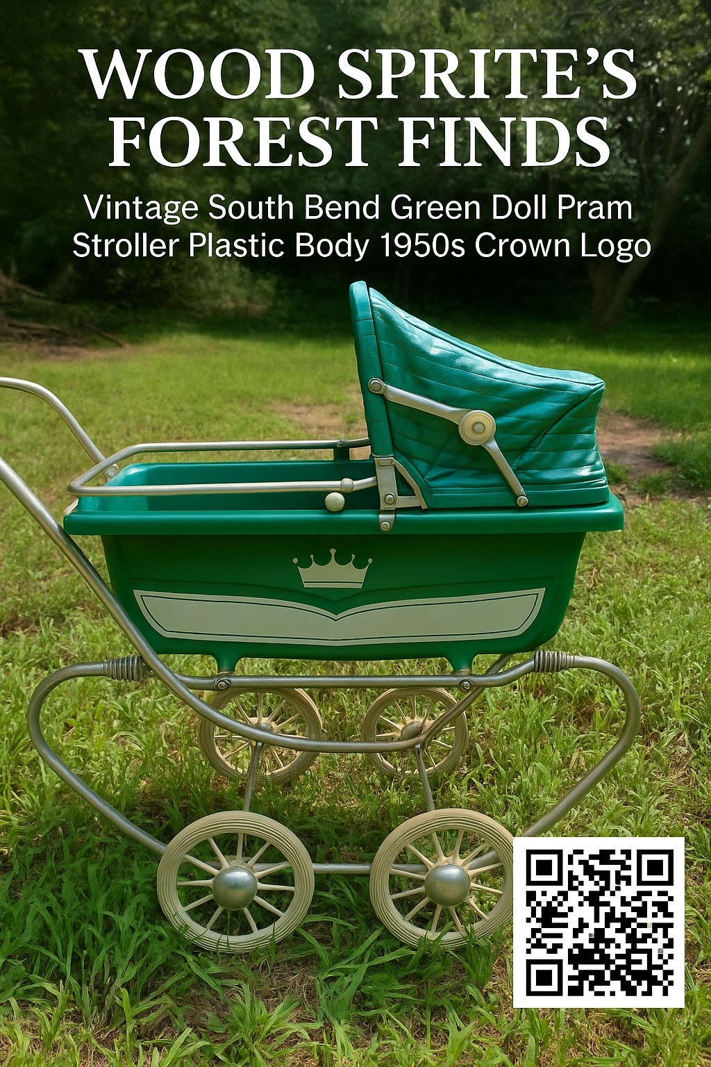 Vintage South Bend Green Doll Pram Carriage Plastic Body 1950s Crown Logo