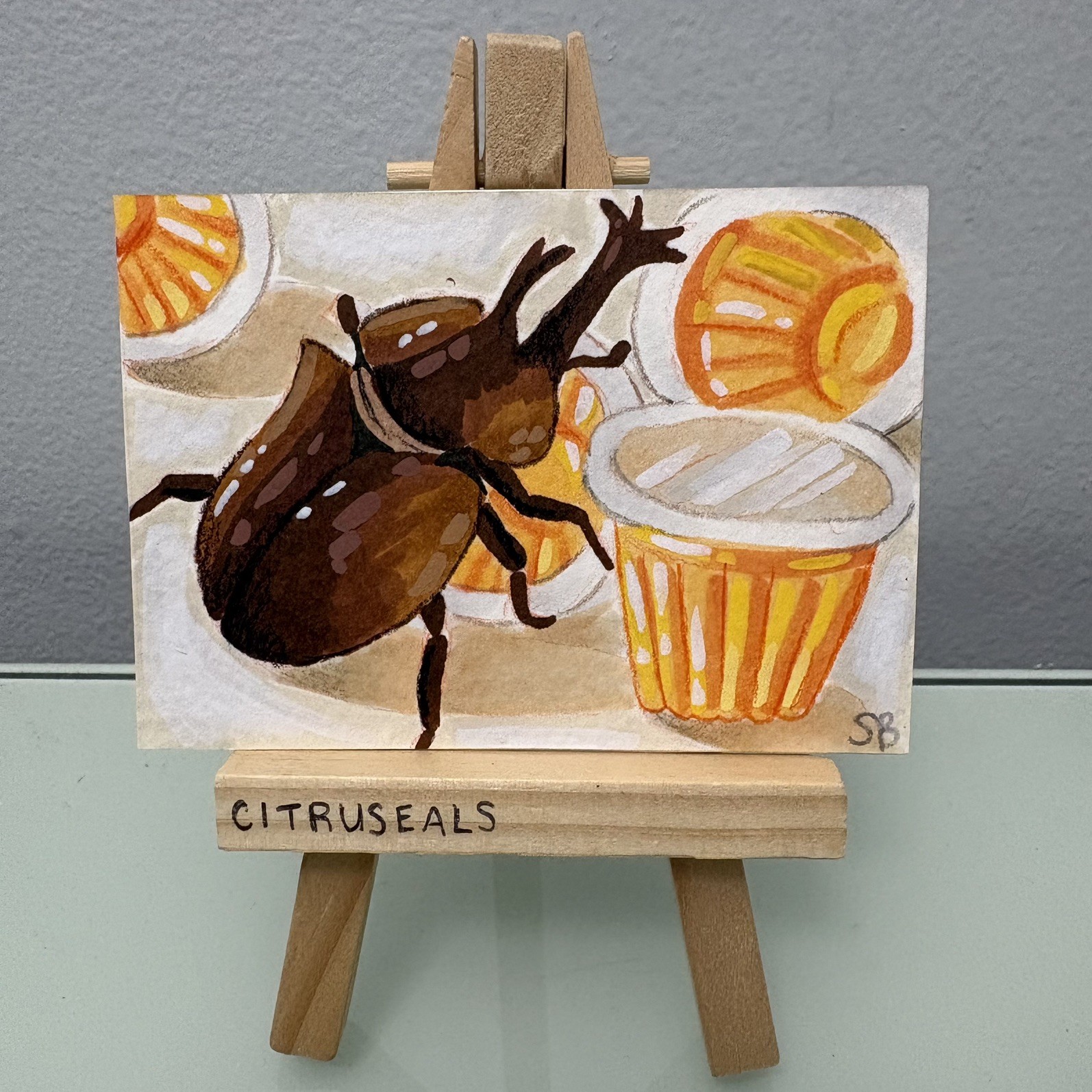 ACEO ATC Original Miniature Art Signed Artist “Jelly Pot Beetle” Citruseals