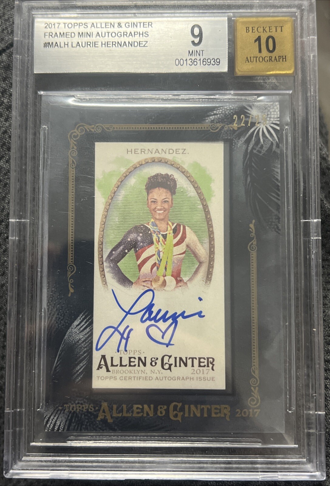 2017 Topps Allen & Ginter Auto Minis Framed Black /25 Laurie Hernandez BGS 9