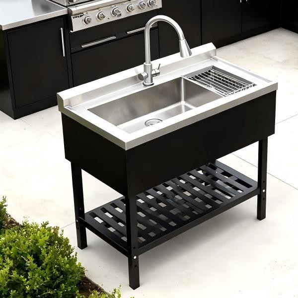 Free Standing Watersink 40" Kitchen Utility Sink, Black Metal Stand with Storage