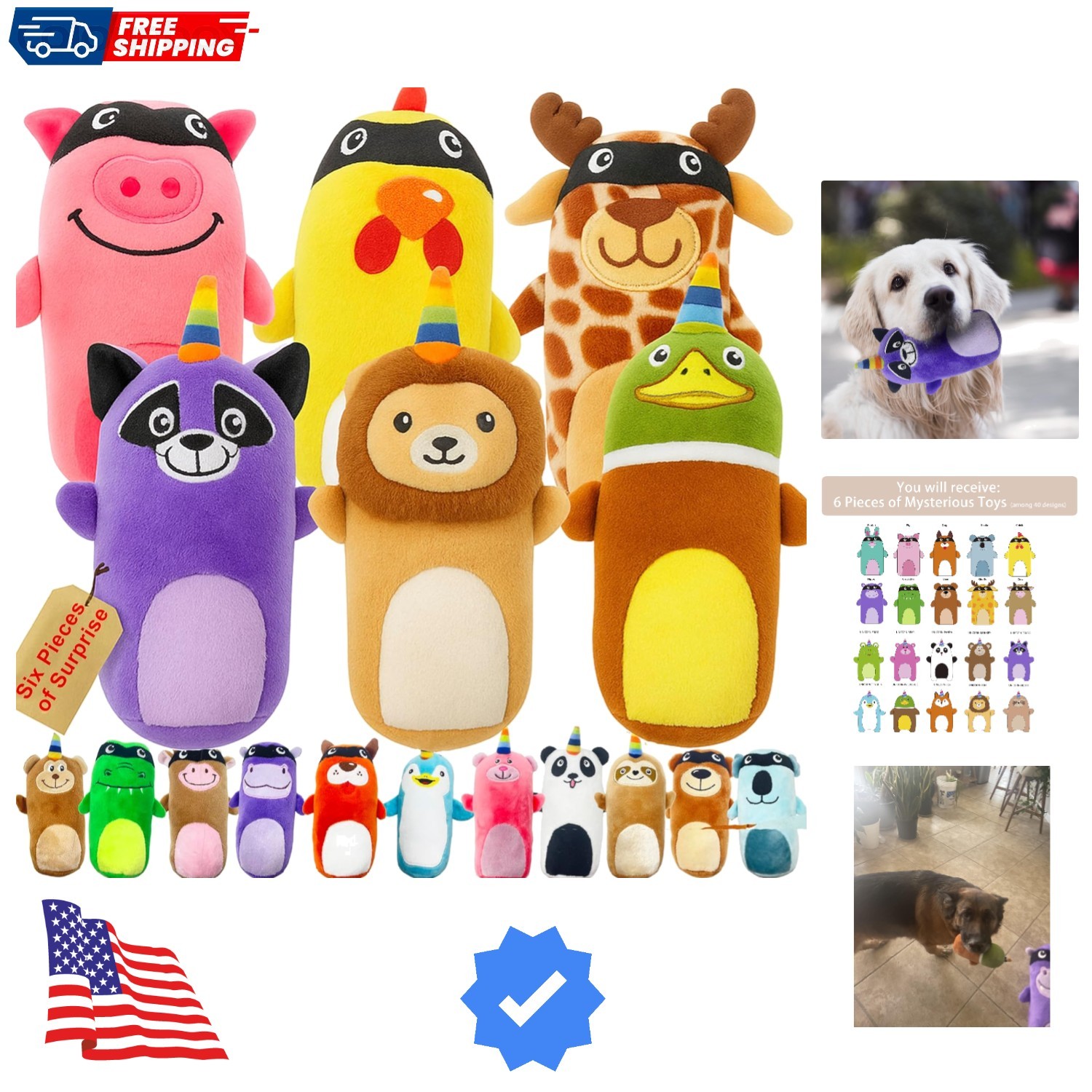 5 Pack Tough Plush Animal Dog Toys Assortment Value Bundle Dog Squeaky Toys A...