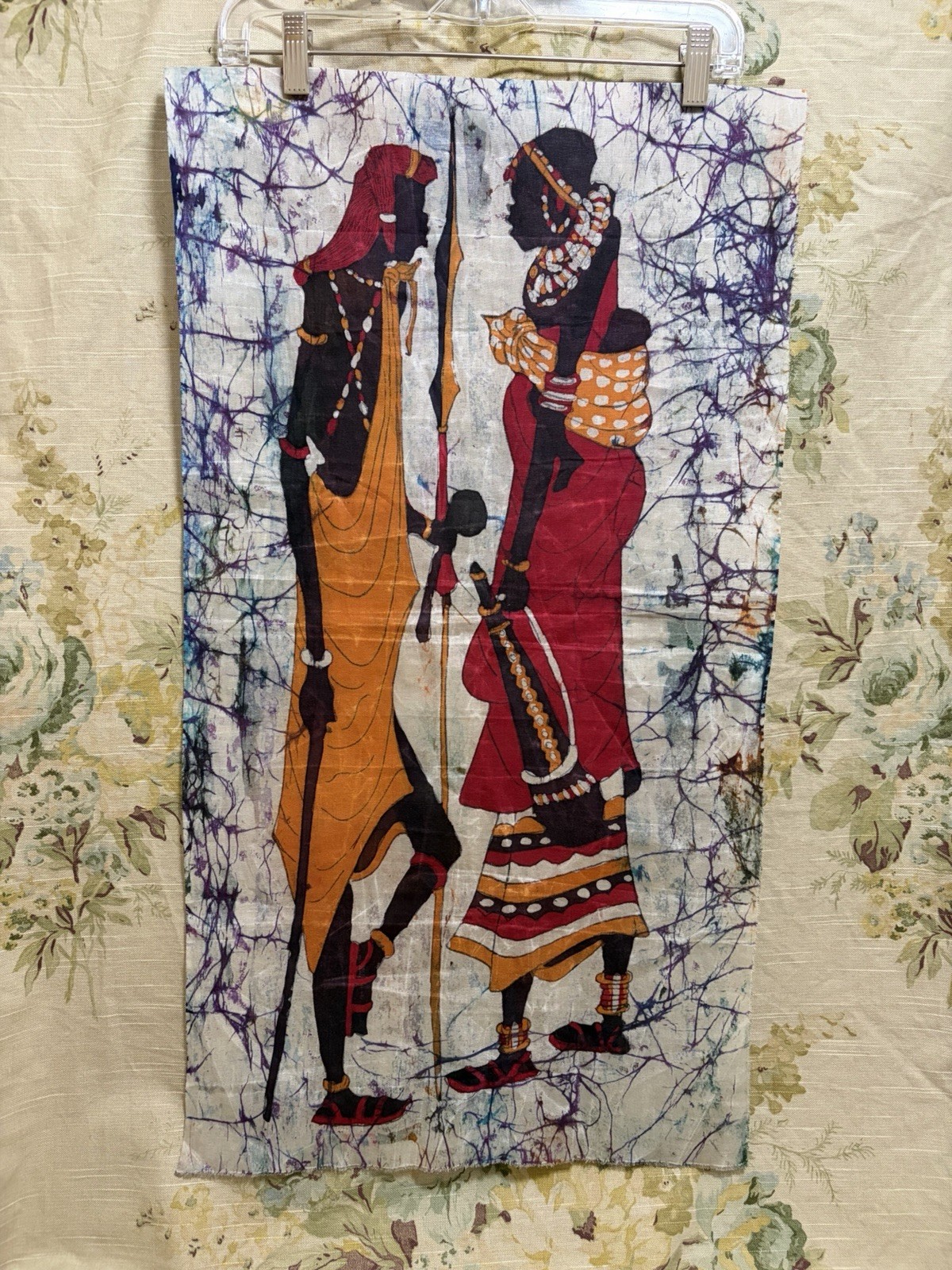 Vintage Wax Batik Fabric Panel African Hand-Painted Wall Hanging Decor Art