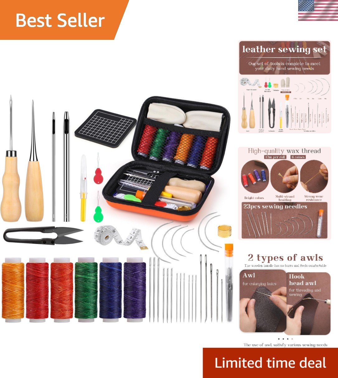 Comprehensive Leather Sewing Kit with Waxed Thread & Hole Punches, 23 Needles