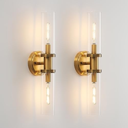 Wall Sconces Set of Two Brushed Brass Gold Sconces Lighting brass goldclear