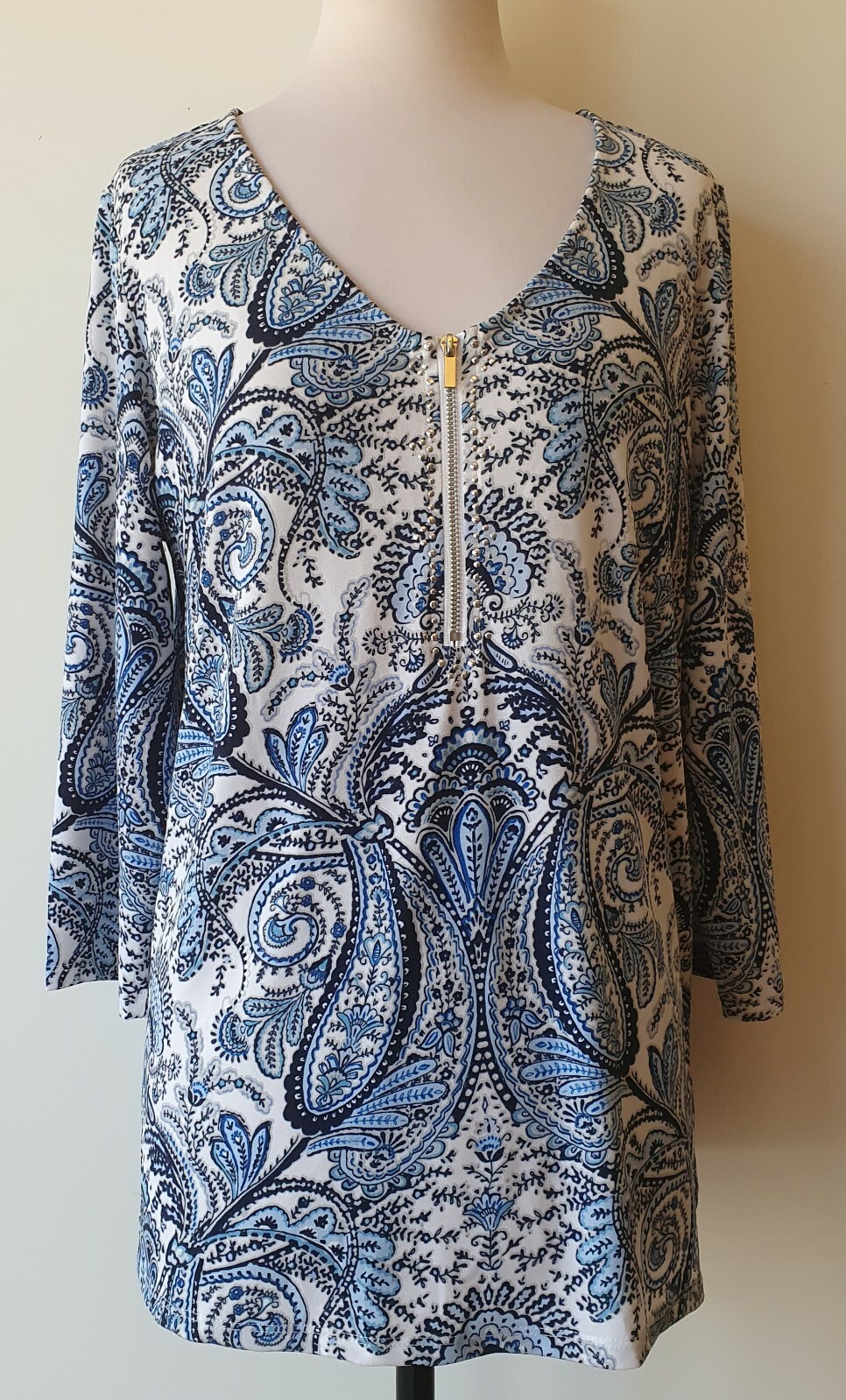 ROCKMANS Womens White/Blue Paisley Stretch Knit 3/4 Sleeve Top Size M