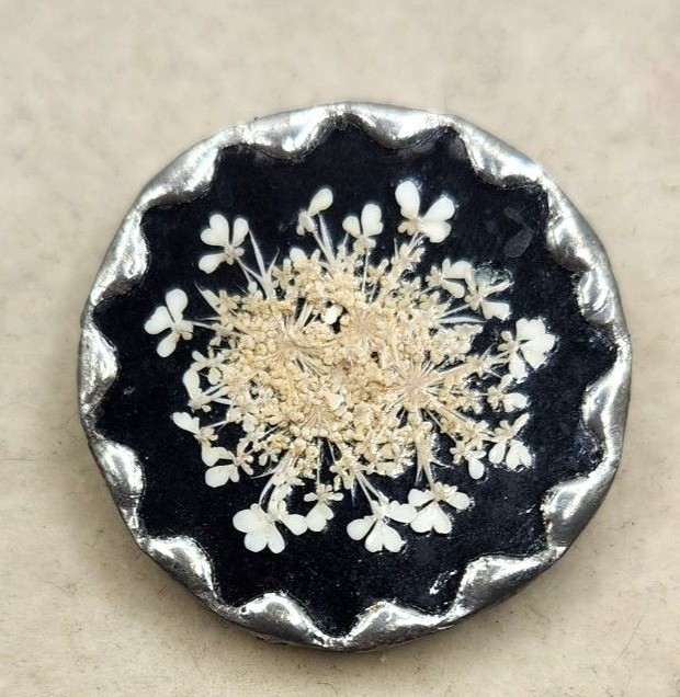 Unusual Round Glass Brooch, Silver Metal Border Cream Floral Accent