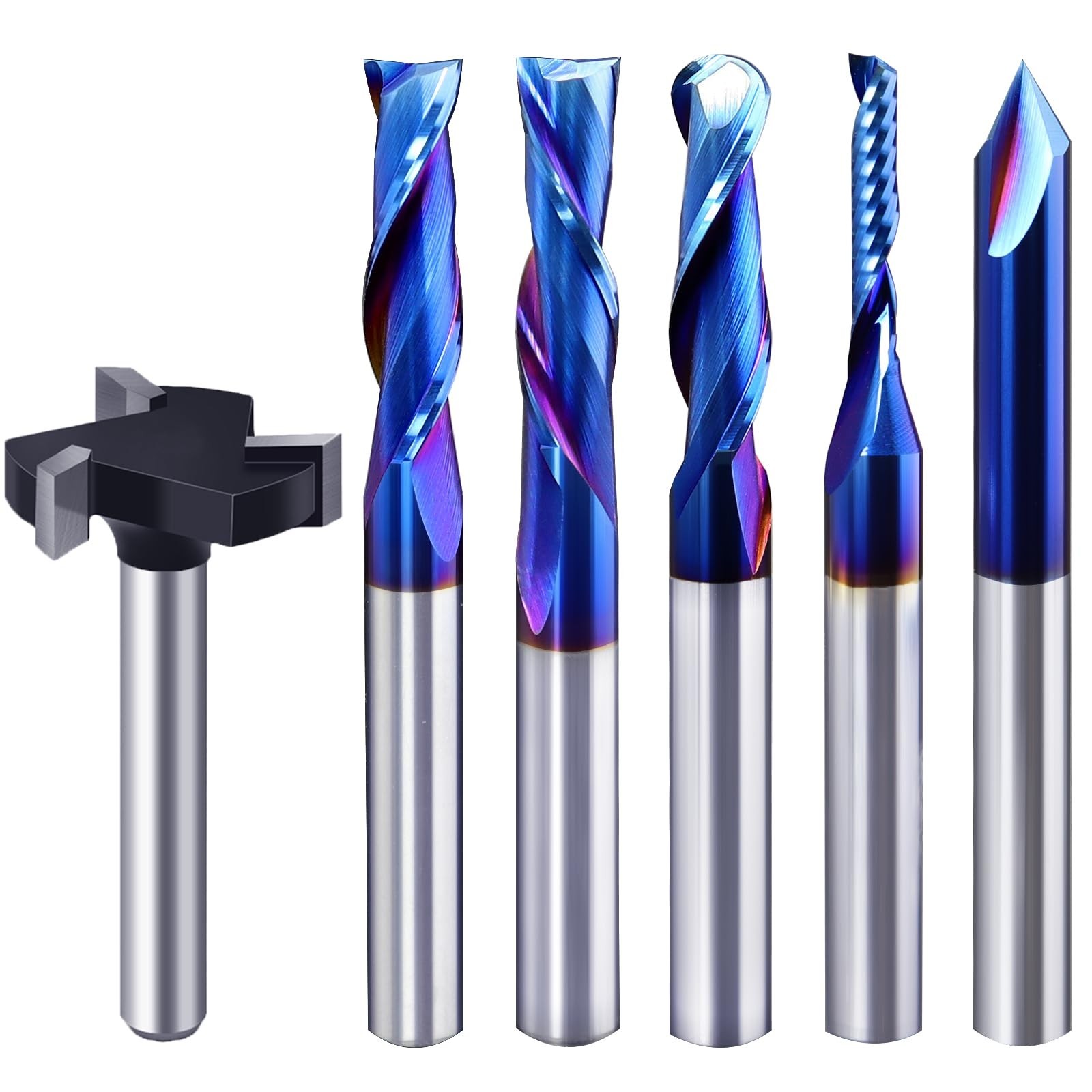 6Pcs CNC Router Bits Set, 1/4" Shank Solid Carbide Multiple Uses Router Bit f...
