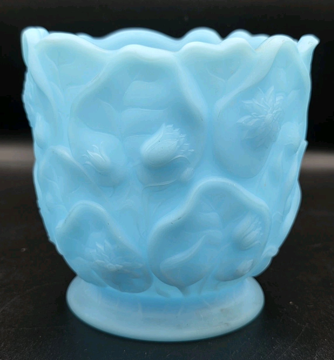 Fenton Blue Satin Glass Water Lily Vase Planter Embossed Engraved Vintage