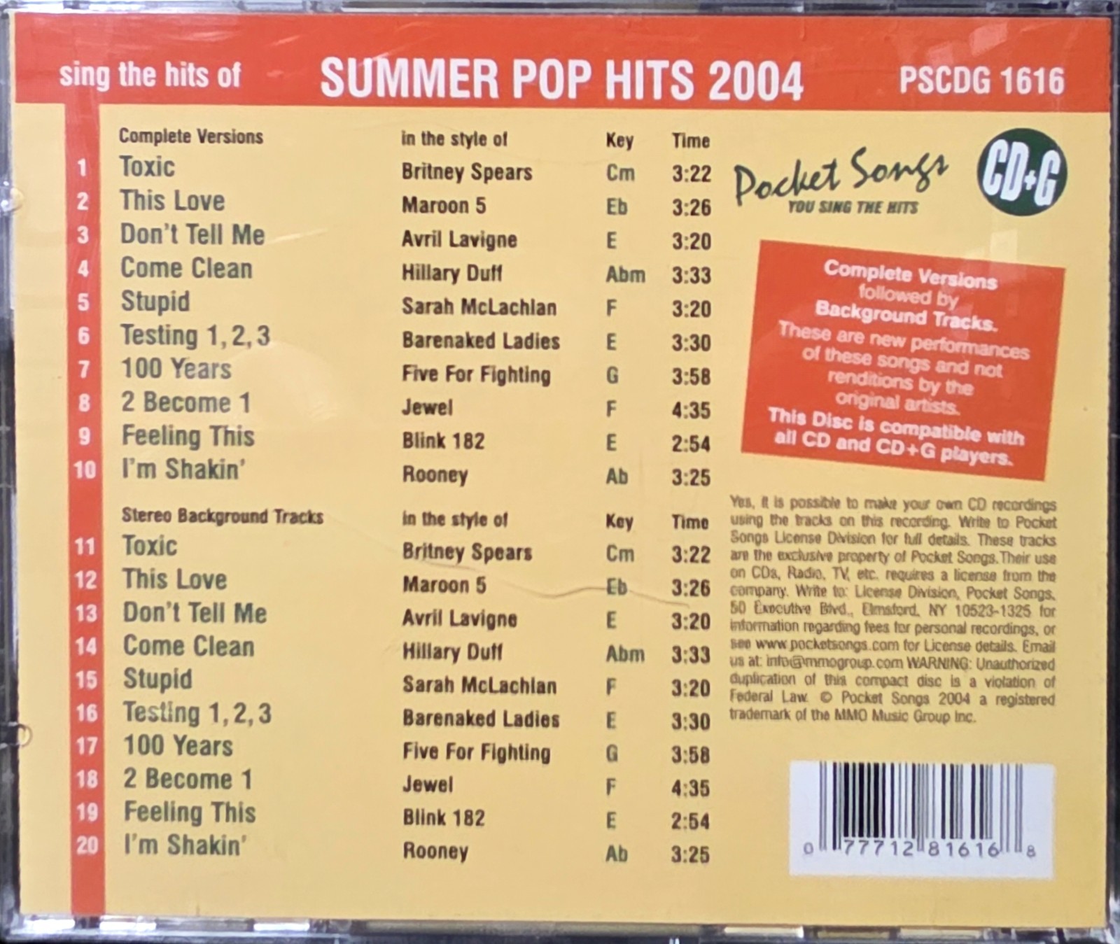 1616 SUMMER POP     POCKET SONGS JUST TRACKS  CDGS LOT  LONG DRIVE