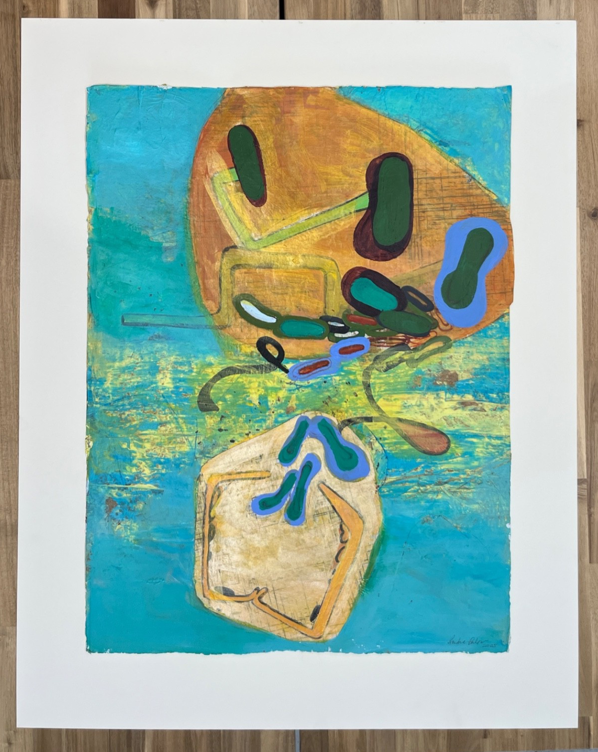 Sandra Perlow monoprint, mixed media – 30 x 22 inches "Somersault" 2004