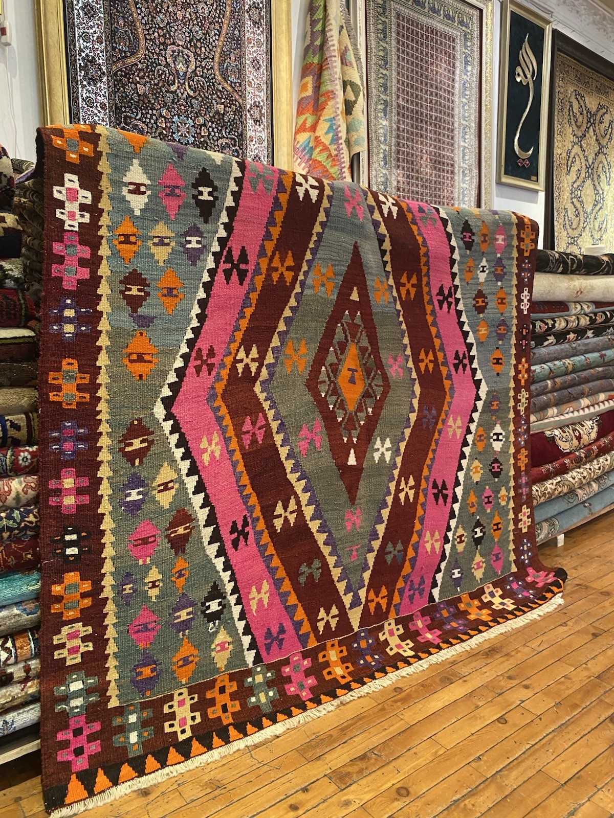 Pre-1900's Antique Natural Old Dye Hand-spun Wool Flat-Woven Kilim 5’5”x5’7”