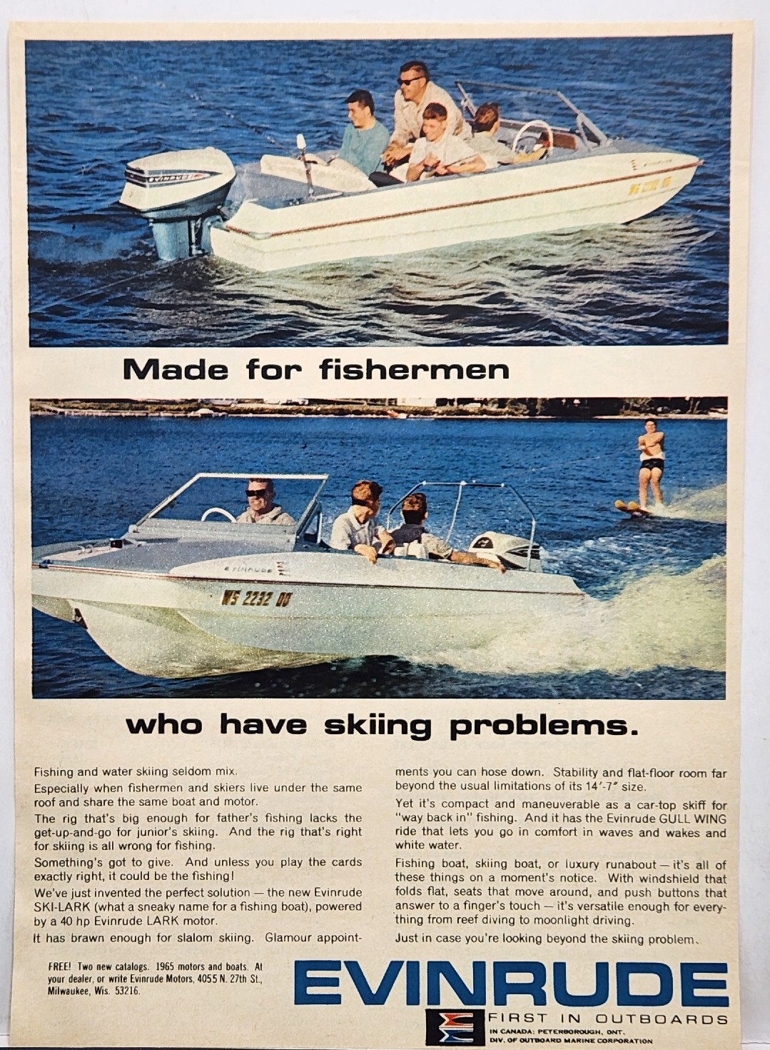 1965 Evinrude Marine Outboard Motor Ski-Lark Fishing MCM Print Ad Milwaukee WI