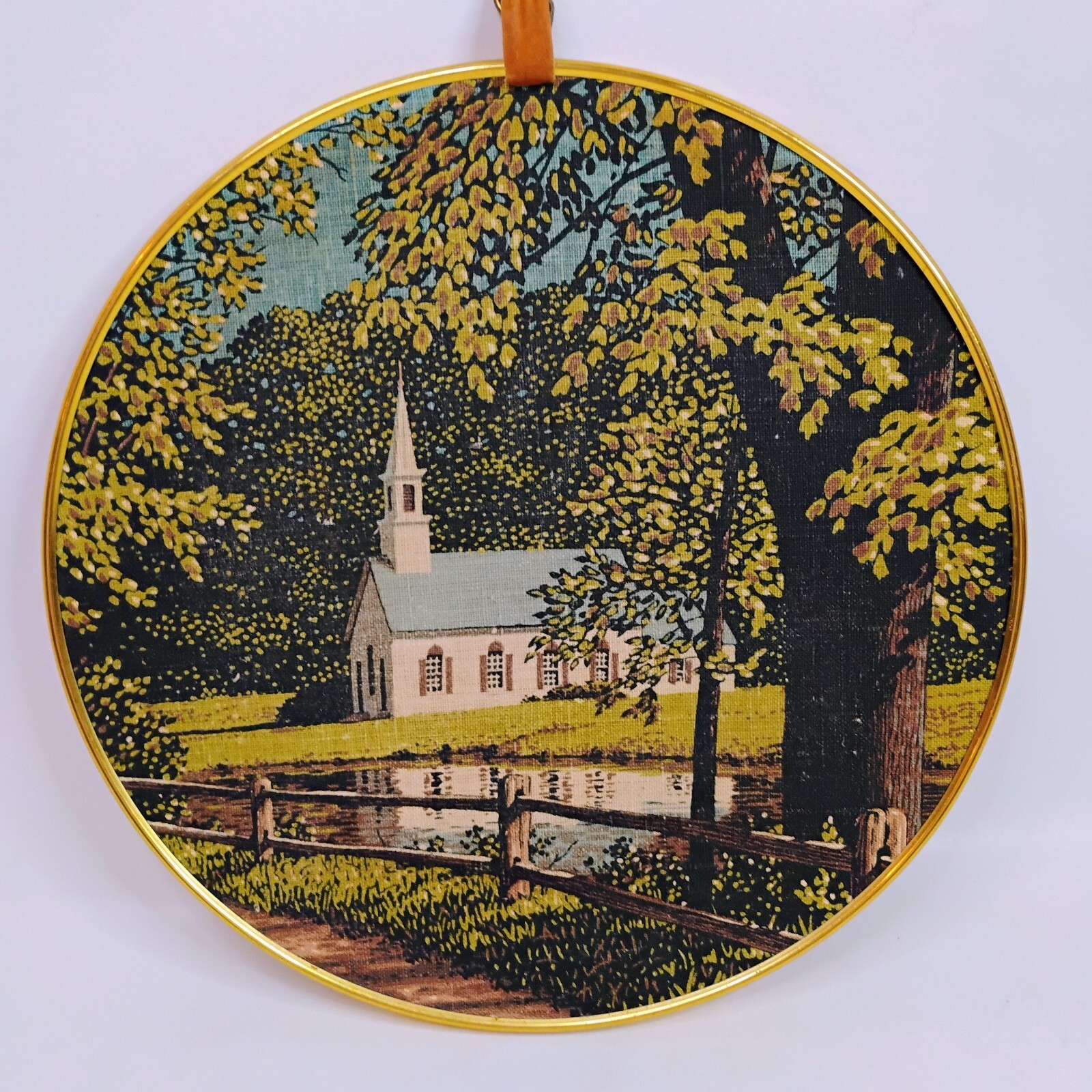 Vintage 1960s R Batchelder Round Framed Linen Print Of Country Church