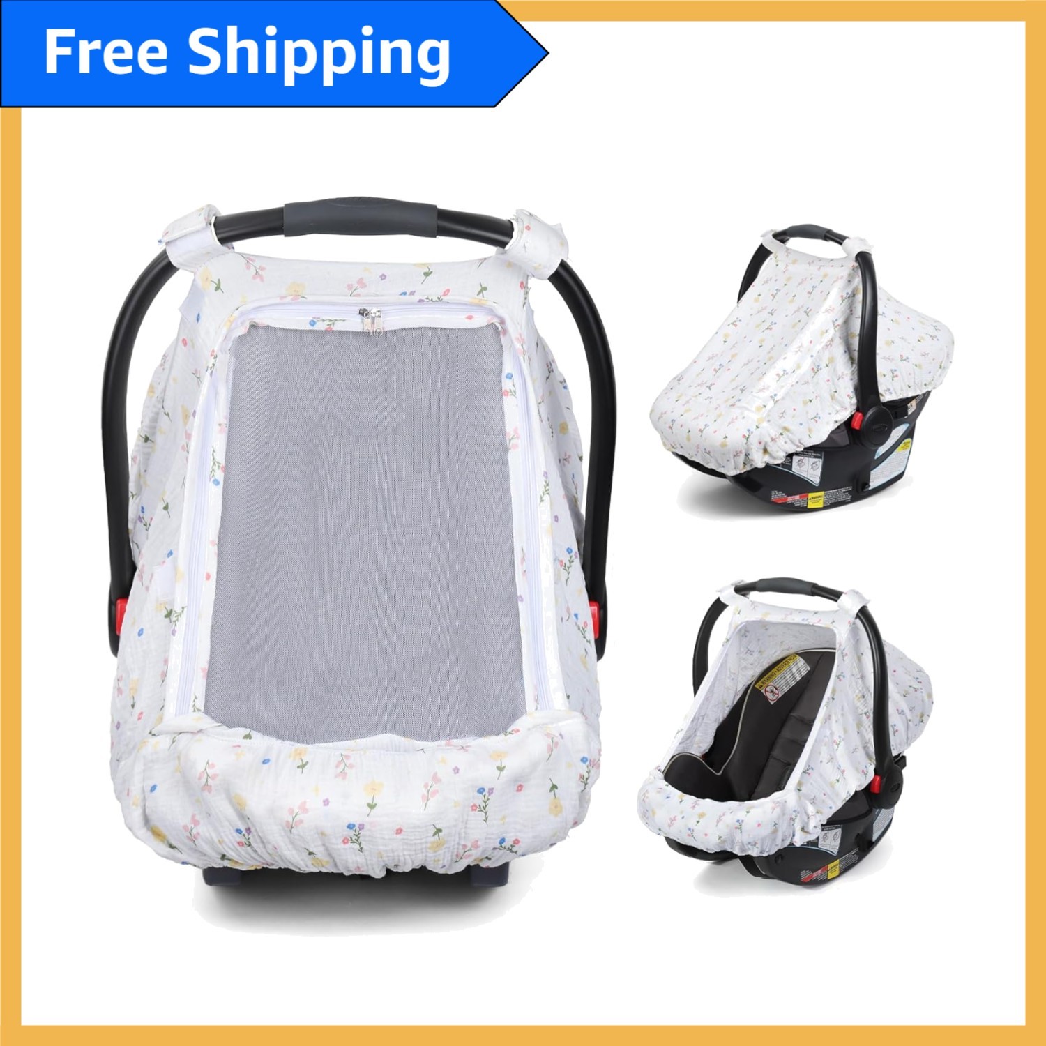 Luxury Cotton Baby Car Seat Cover - Breathable Canopy with Mesh Window, White