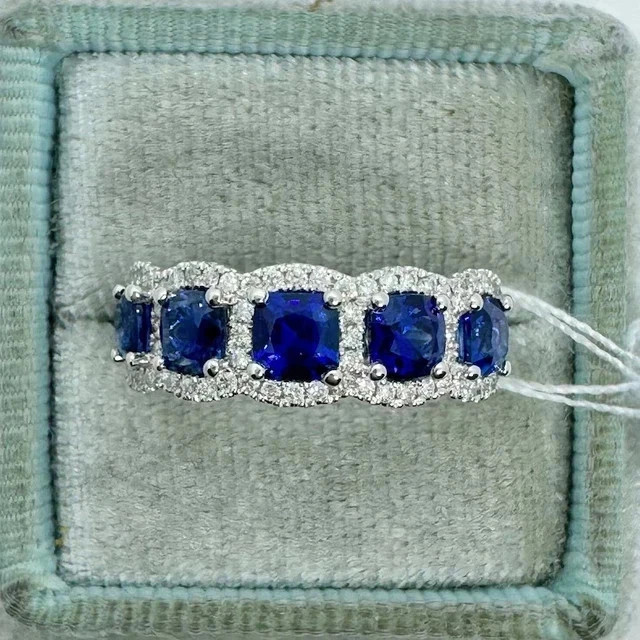 3Ct Cushion Lab-Created Sapphire 5 Stone Engagement Ring 14K White Gold Plated