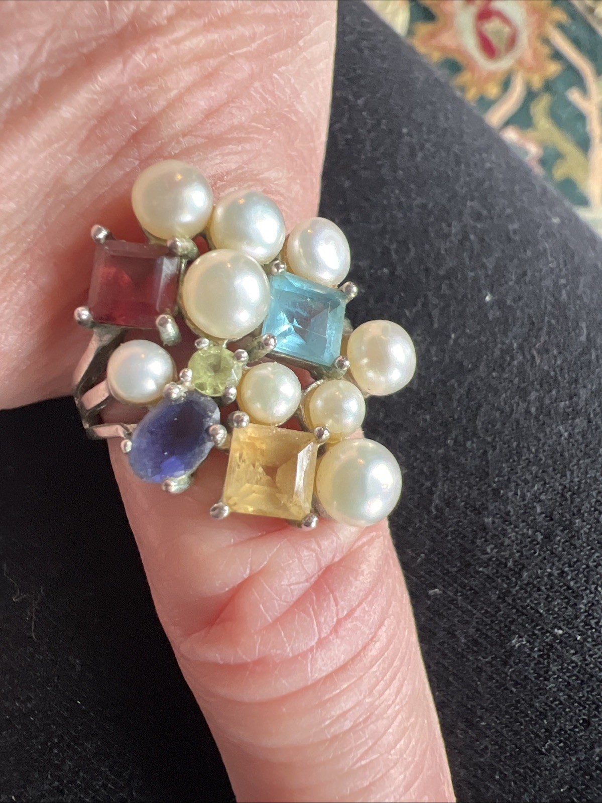 Ross Simons Signed Sterling Silver, Multi-Gemstone & Pearl Statement Ring Sz 7 