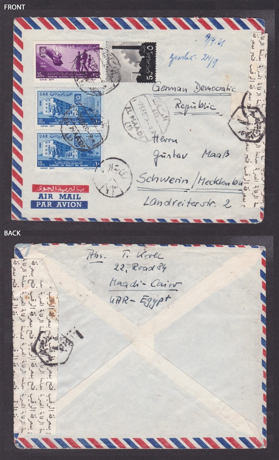 EGYPT 1961, Censored Air mail cover from Cairo to Germany