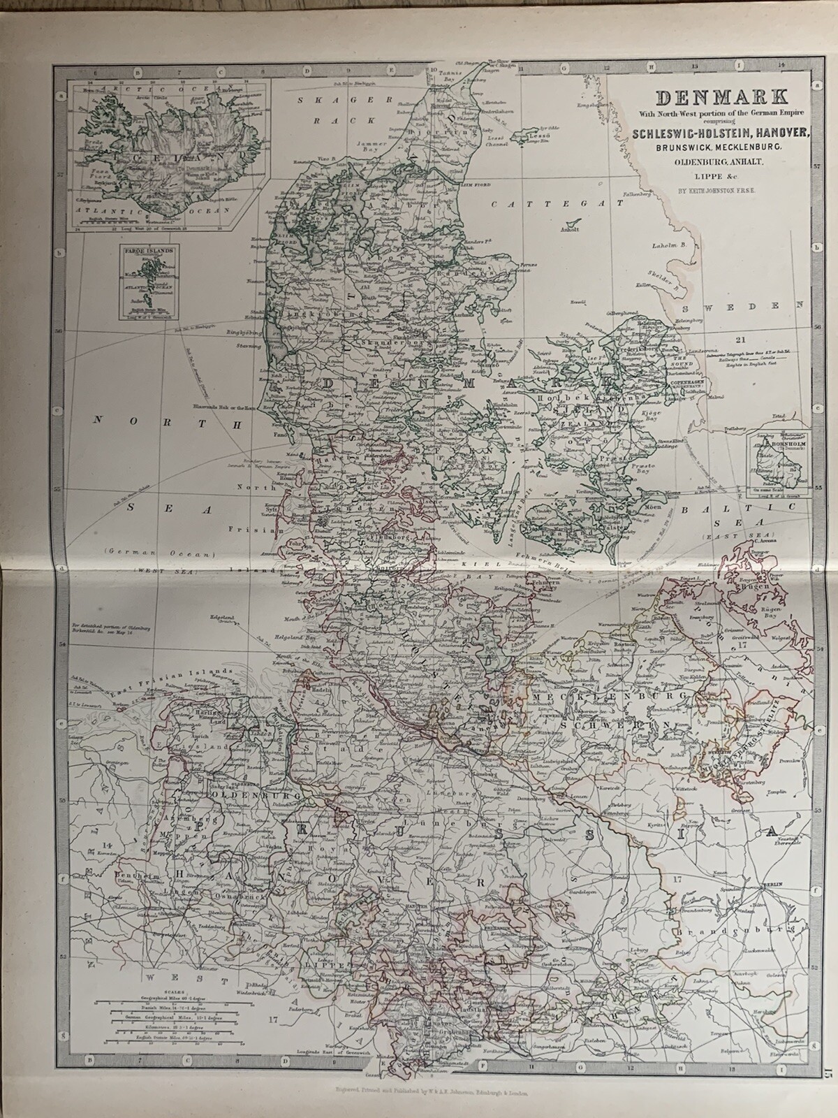 1886 DENMARK & NORTH GERMANY ORIGINAL ANTIQUE HAND COLOURED MAP BY JOHNSTON