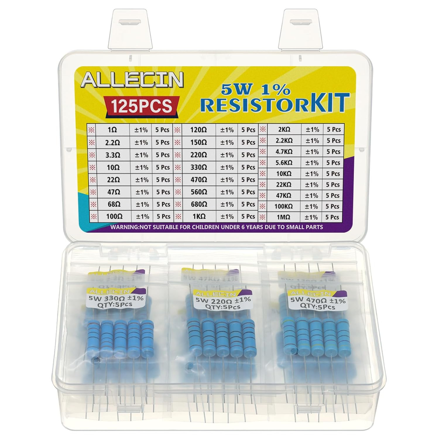 5W Metal Film Resistor Kit from 1 Ohm to 1M Ohm 25 Values 5 Watt 1% Resistors As