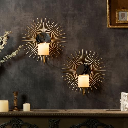  Wall Candle Sconce Holder,Set of 2 Mirror Wall Mounted Metal Candle Gold Sun