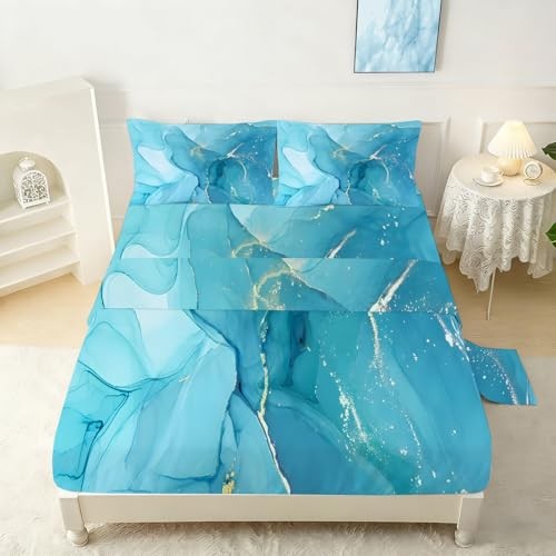 Blue Marble Sheets Set Size Aesthetic Marbling Kids Bedding Queen Marble Blue-a