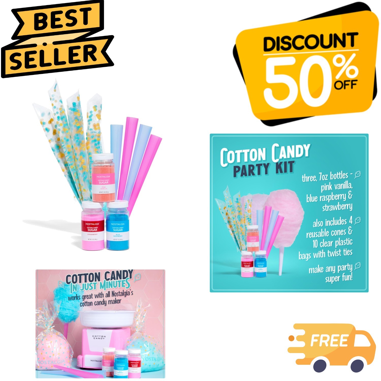 Colorful Cotton Candy Kit: 3 Delicious Flavors & Accessories for Any Occasion